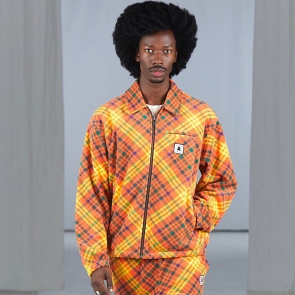 Teddy Fresh Plaid Full Zip Fleece Jacket Orange and‎ Yellow Men Size Large